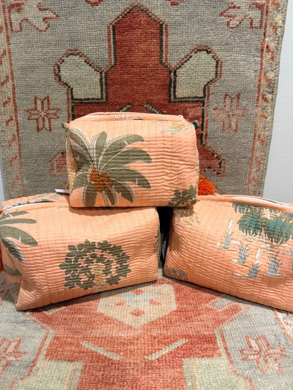 Peach Tropical Quilted Travel Pouches with orange tassels - Set of 3
